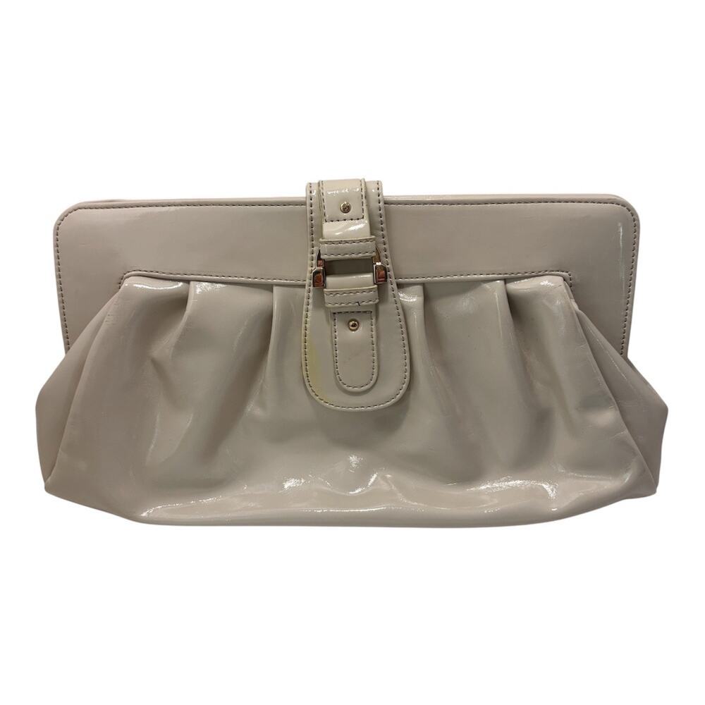 Liz Claiborne Off White Patent Leather Clutch Handbag Pink Polka Dot Lining Y2K